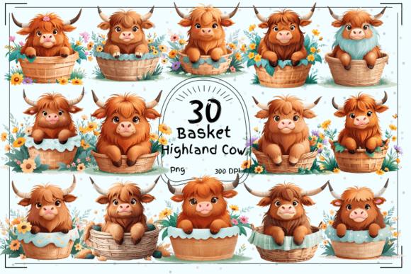 Charming Clipart: Highland Cows in Baskets