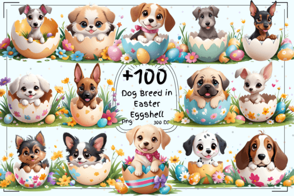 Easter Canine Clipart: 100 Breeds in Eggshells