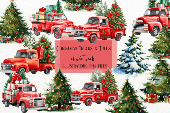 Watercolor Christmas Trucks and Trees: A Festive Design Asset